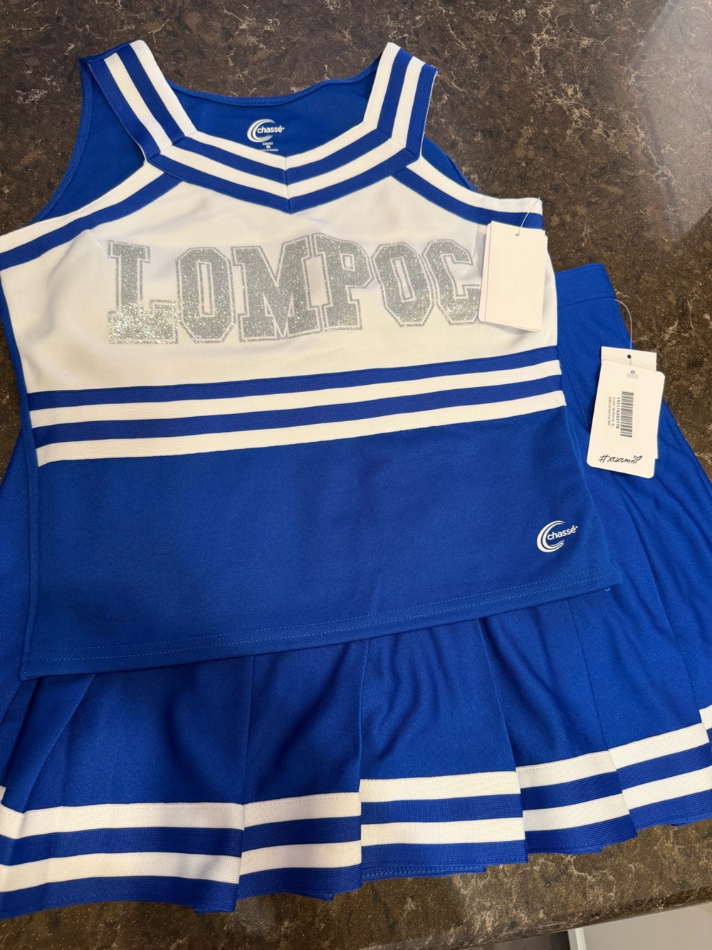 Chassé Royal Blue and White Cheer Skirt Set with Silver Lompoc Lettering NWT
